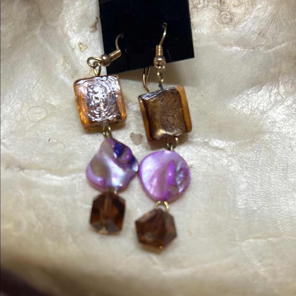 Boho style Gold and Purple Dangle Earrings, murano glass